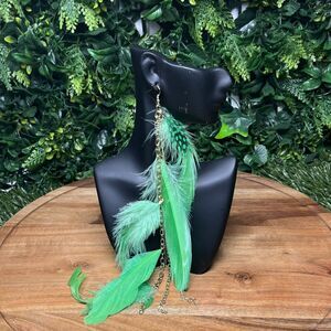 Earrings Women Gold Tone Green Feather Earrings Dangle Drop‎ 10 Inches 2126